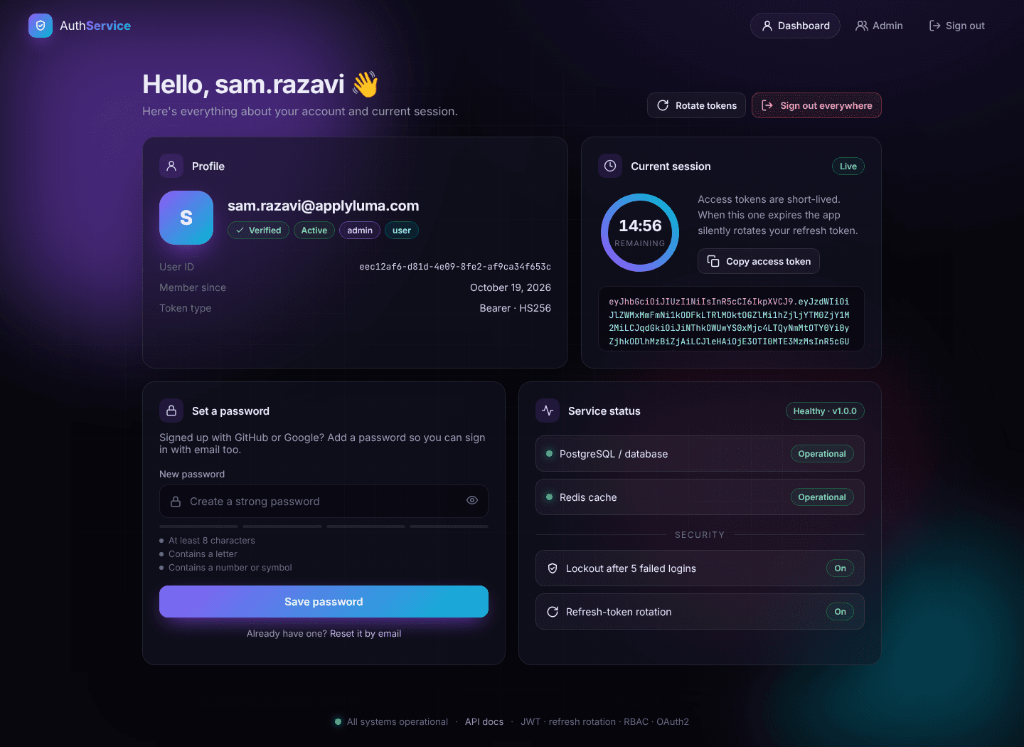 The Auth Service dashboard: profile with roles, the current session with a countdown to the access token's expiry, and service health